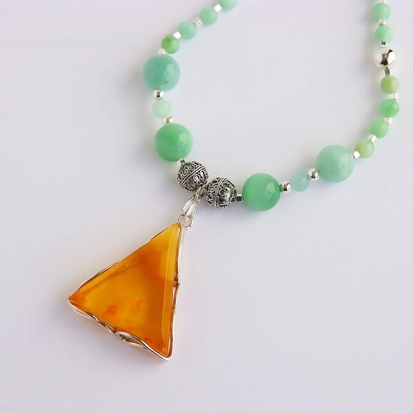 Baltic Amber and Burma Jade Statement Necklace with 925 Sterling Silver - Picture 3 of 7